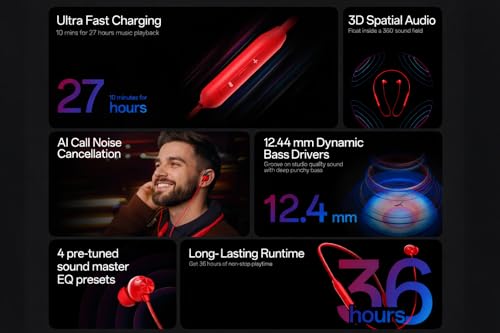 Image of for OnePlus Bullets Wireless Z3 in-Ear Neckband with 12.4mm Drivers, 3D Spatial Audio,10 mins Charge for 27 hrs Playback, 4 EQ preset, Dynamic bass Enhancement & BT5.4 (2FT-Orange)