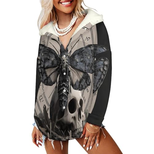 Blouson femme hiver noir à capuche polaire et motif crâne de papillon