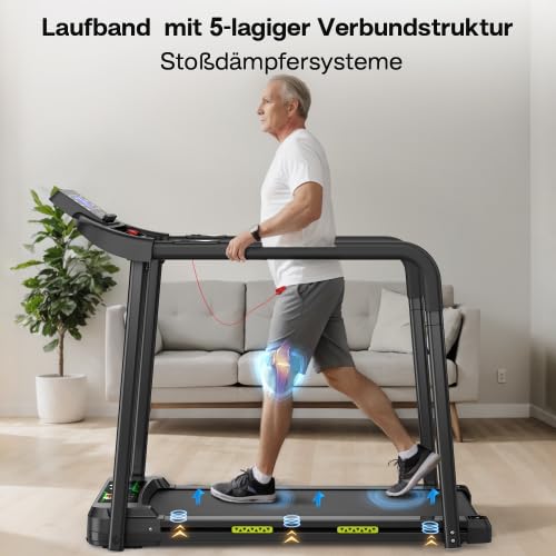 Walking Pad Laufband für Senioren mit Langen Handläufen, klappbar, 135 kg Belastbarkeit, großes LED-Display, extra breite Lauffläche, APP, Fitnessgerät für Zuhause