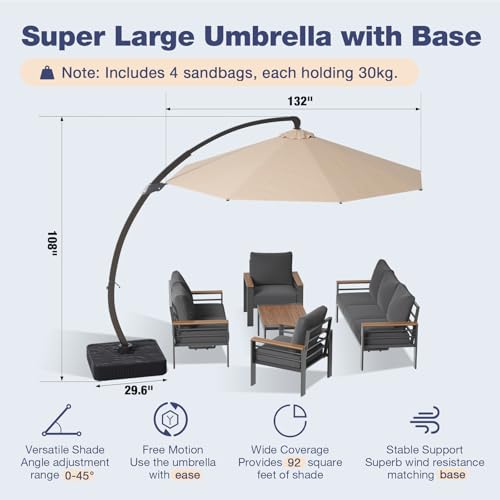 Image of Aoxun Aluminum Patio Furniture Set with Umbrella 7 Seats, Oversized Outdoor Sectional with Washable Thick Cushions, Coffee Table, Patio Conversation Sets for Porch, Balcony, Deck
