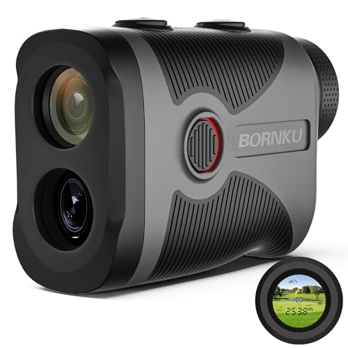 BORNKU Golf Range Finder with Slope Switch On/Off 1100 Yards Rechargeable Battery 0.5yard Accuracy Rangefinder with Flag Lock Vibration Legal for Tournament Play Magnetic Suction Carrying Case