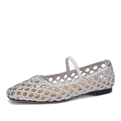 Image of Woven Mesh Ballet Flats Shoes for Women with Elastic Strap Square Toe Breathable Slip On Flat Mary Janes Dress Casual Shoes