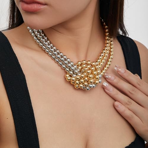 Vintage Layered Pearl Choker Necklace for Women Chunky Adjustable Knot Pearls Choker Necklace Fashion String Beads Necklace Jewelry Accessories4