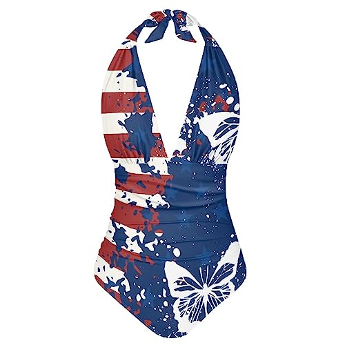 Sprowallow Traje de baño de una pieza para mujer, con control de abdomen, sexy, cuello en V, corte alto, traje de baño halter, Bandera de mariposa, M