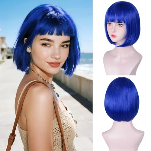 Aida ble Blue Bob Wig With Bangs Short Straight Synthetic Wig for Women