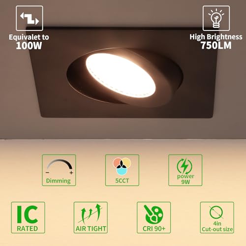 KnLnny Ware Black Square Recessed Lighting 4 inch 6 Pack with Gimbal,Canless Eyeball Recessed Lightswith Junction Box,dimmable, 5CCT Selectable,9W 750LM