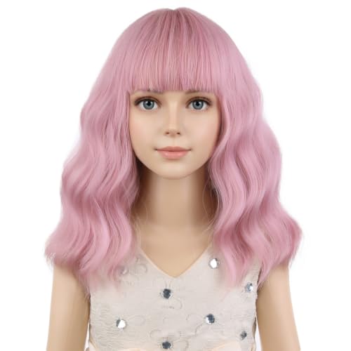 Image of PATTNIUM Pink Wig for Kids with Bangs Girls Short Curly Wavy Wig Child Light Pink Synthetic Hair Wigs