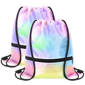 GoodtoU Gym Drawstring Bags, Waterproof Drawstring Bag with Zipper Pocket Cinch Bags Drawstring Swim Backpack Sack Bag Gym Backpack for Men Women (Rainbow 2 pcs)