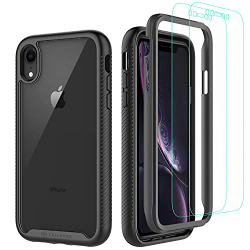 CellEver Compatible with iPhone XR Case, Clear Full Body Heavy Duty Protective Case Anti-Slip Full Body Transparent Cover Designed for iPhone XR 6.1 inch (2X Glass Screen Protector Included) - Black
