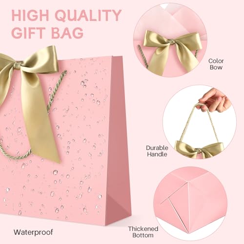 Image of JMANNI Pink Gift Bags with Handles, 13 inch Medium Gift Bag for Presents, 1 Pcs Bags with 2 Tissue Paper and 1 Cards for Graduation Baby Shower Wedding Bridal Shower Mother's Day Birthday Party（pink）