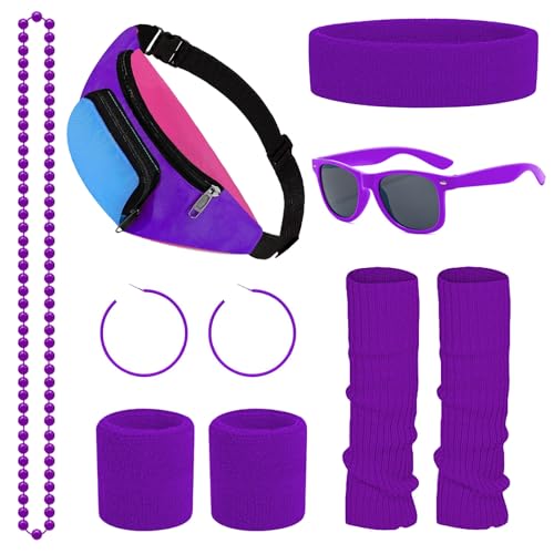 Dazzroi 80s Fancy Dress Costumes, 1980s Retro Sport Accessories Sets with Bumbag Headband Wristbands Leg Warmers Eyeglasses Earrings Necklace, Neon Outfit for Women 80s Party, Dress up Party (purple)