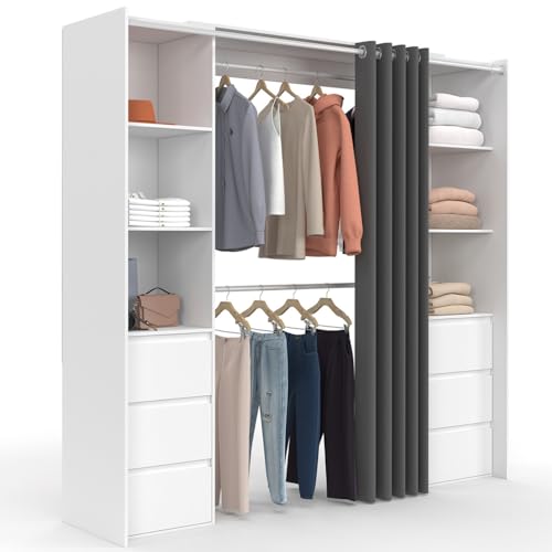 IDMarket - Dressing extensible double MERYL 120/180 cm blanc avec 6 tiroirs + étagères + double penderie + rideau gris