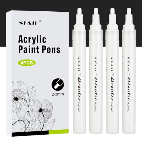 Image of SFAIH White Paint Markers Pens - 4 Pack 2-3MM Medium Tip Acrylic White out Markers for Rock Painting, Wood, Metal, Fabric, Plastic, Canvas, Glass, Ceramic, Diy Crafts, Drawing, Tire, Correction