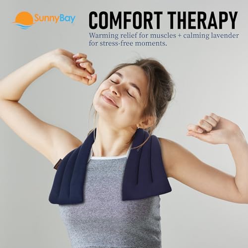 Image of SunnyBay Lavender Microwave Heating Pad, Microwavable Neck Wrap & Heat Pack for Moist Hot Therapy, Heated Neck Warmer for Neck, Shoulder & Back Pain Relief, Flaxseed Filling, 26x6, Navy Blue