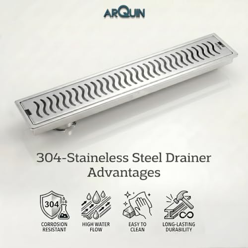 Image of ARQUIN Floor Drainer 24x4 Inch Shower Drain Channel 304 Grade Stainless Steel Bathroom Floor Drainer Water Drain Channel for Bathroom with Cockroach Trap (1mm Thickness)