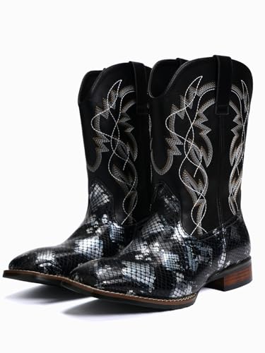 Image of Python Manning Men's Boots Cowboy for Men Classic Square Toe Western Pull Up Snakeskin Embroidered Mid-Calf Boots