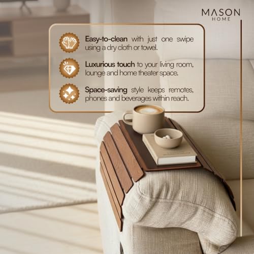 Image of MASON HOME Elm Sofa Armrest Tray - Brown Full Grain Bamboo Wood with Anti Slip Pad | Dining Tray | Home & Office Decor | Furniture | Serving Platter for Drinks - Appetizer - Snack Bowls