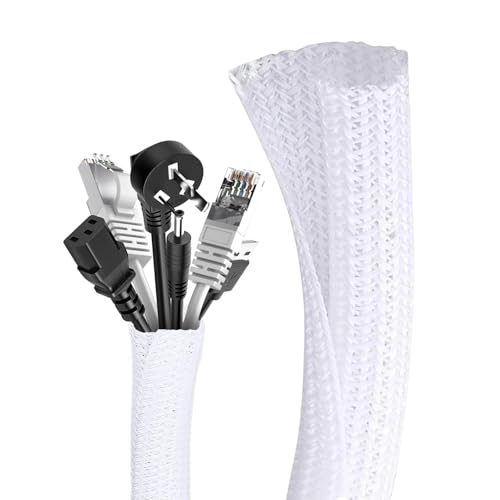JOOTUEPO 3m Cubre Cables, 13-25mm Expandible Trenzada Funda Cables, Auto-Cierre Ocultar Organizador Cable Proteja al Perro Gato de los Cables de Masticación, Blanco Esconde Cables para PC Office Cine