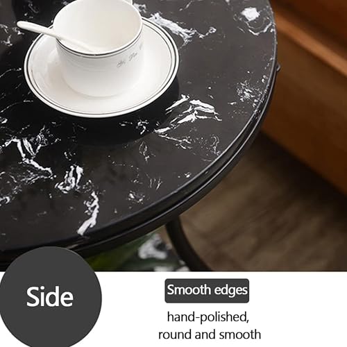 Image of Modern Round Side Table with Marble Finish Top & Metal Frame | 2-Tier Sofa Side Table for Living Room & Bedroom (Black)
