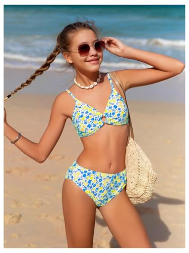 Image of OYOANGLE Girl's 3 Piece Bikini Sets Floral Print Spaghetti Straps Cute Swimsuits with Beach Skirt Bathing Suits