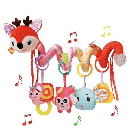 Image of Infant Stroller Toys, Sensory Car Seat Toys for Babies 0-6 Months Red Deer | Infants Activity Spiral Hanging Crib Toy Gift for Baby Boys and Girls 0 3 6 12 Months Newborn Toy with Rattles Squeaker Music