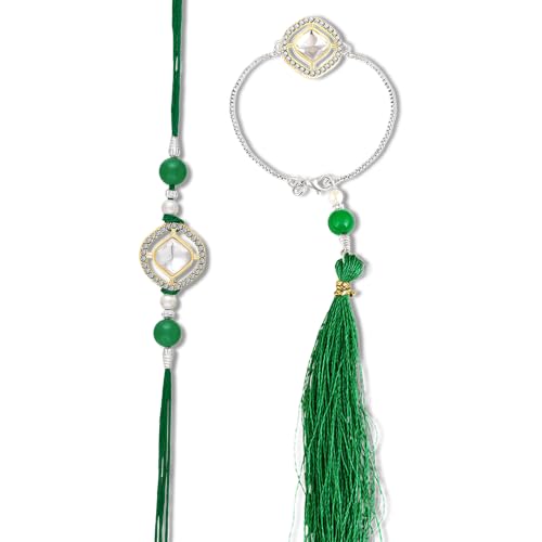Image of Mahi Bhaiya Bhabhi Rakhi Set with Crystals and Meenakari Work Bracelet Style Lumba - Rakhi for Brother and Bhabhi(PARCOL1105339PR)