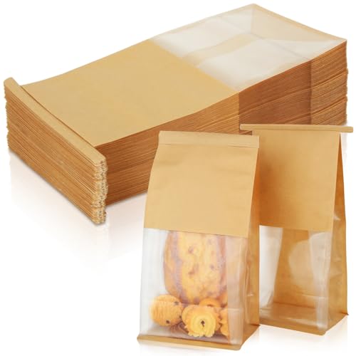 100PCS Bakery Bags with Window, 5.1 x 4.3 x 11.2 Inch Brown Tin Tie Tab Lock Bags Bakery Cookie Bags, Kraft Paper Cookie Treat Bag for Cookies Packaging Gift Giving Wedding Favors Coffee