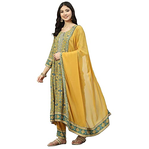 Image of BIBA Women Rayon Kalidar Printed Suit Set