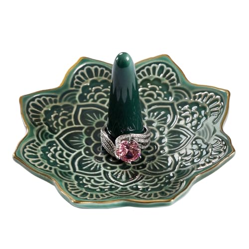 Image of Ceramic Mandala Ring Holder Dish, Decorative Jewelry Holder Trinket Tray Room Decor, Engagement Wedding Birthday Gifts for Women Girls (Green)