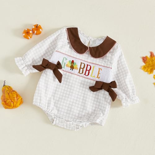 Infant Newborn Baby Girl Thanksgiving Outfit Turkey Gobble Smocked Bubble Romper Long Sleeve Plaid Bodysuit Clothes3