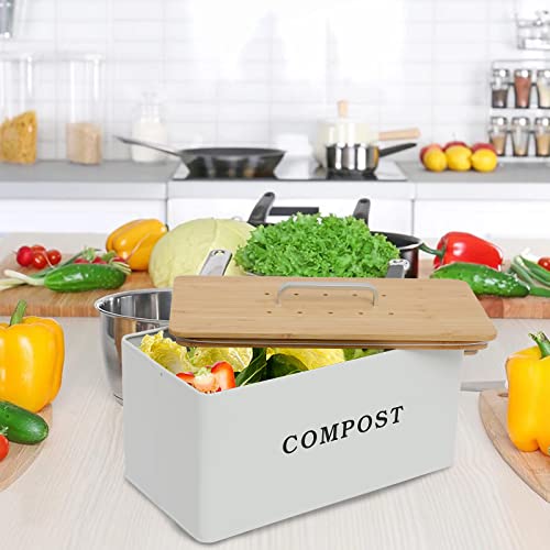 Gdfjiy Compost Bin Kitchen, Indoor Compost Bucket, Rectangle Compost Bin With Wooden Lid, 2 Gallon Capacity For Home Compost Tumbler, Kitchen Waste Garbage Can, Includes 4 Charcoal Filters (White) #TOP4