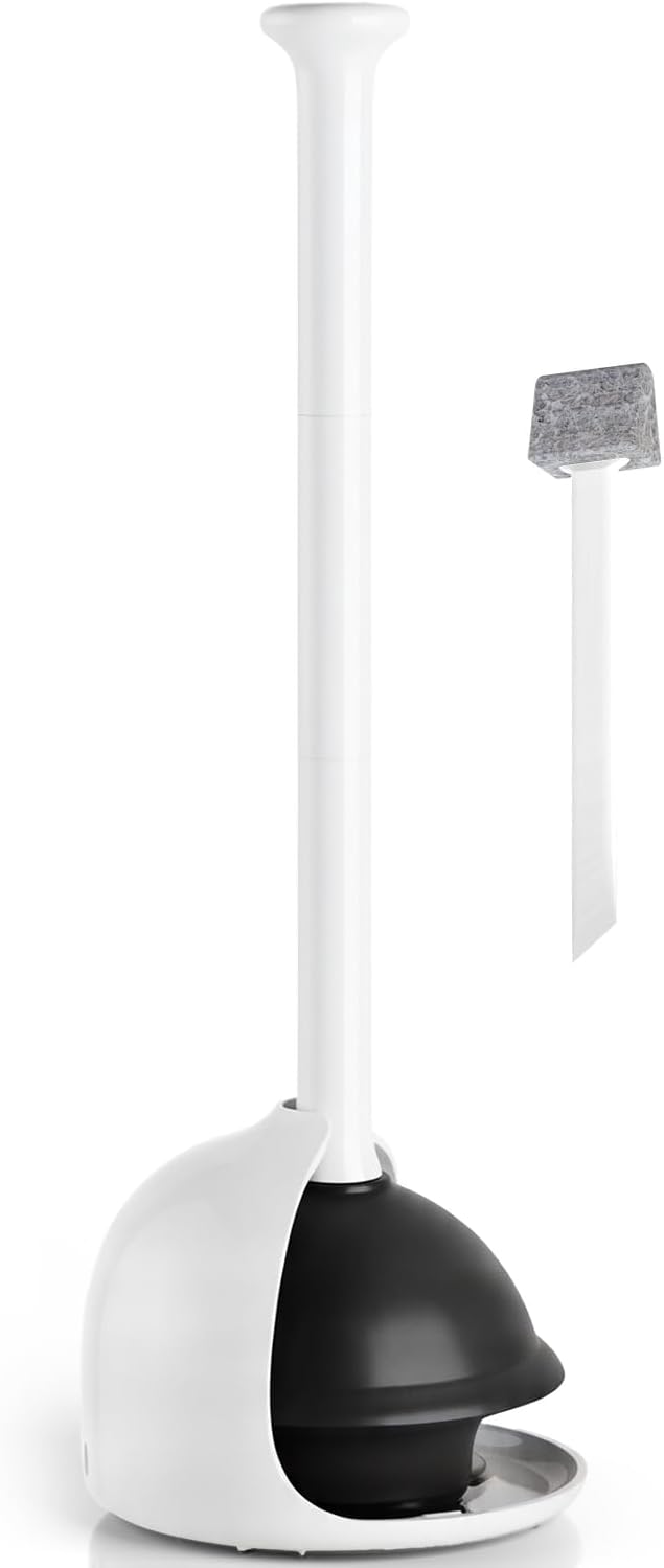 Denvlex Heavy Duty Toilet Plunger with Holder - 19-Inch Pearl White, Ventilated Base for Unclogging Toilets, Sinks & Showers