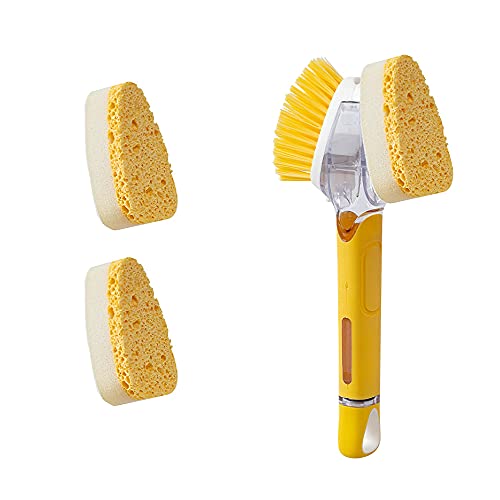 Cepillo dispensador de jabón, 1 varita y 4 cabezales de repuesto de repuesto, actualizado sin fugas, cepillo de cocina con dispensador de jabón para limpieza de fregadero, color amarillo Cover