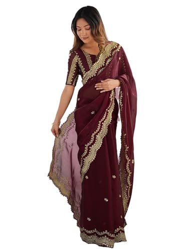 Image of Satrani Women's Shimmer Chiffon Sequins Embroidery Saree with Unstitched Blouse Piece