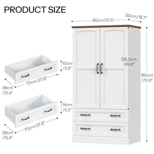 HOOBRO Armoire Wardrobe Closet with 2 Doors and 2 Drawers, 70.9" Tall Bedroom Armoire with Hanging Rod, Farmhouse Wardrobe Closet for Bedroom, Freestanding Clothing Storage Cabinet, White and Walnut - Image 4