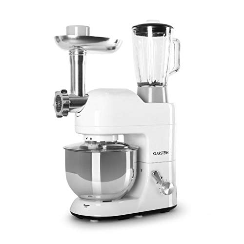 KLARSTEIN Lucia Bianca • Multifunction Stand Mixer • Kitchen Machine • 1300 Watts • 5.3 qt Bowl • 1.3 qt Mixing Glass • Meat Grinder • Pasta Maker • Blender • Adjustable Speed • White