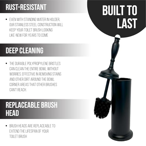 Image of Splash Home Buena Stainless Steel Toilet Brush with Holder, Bowl Scrubber with Durable Cleaning Bristles, Hidden Brush with Splash Protective Disc Design - Matte Black