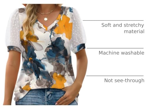 Image of Aokosor Womens Summer Tops V Neck T Shirts Swiss Dot Puff Sleeve Tops Loose Casual Tshirts