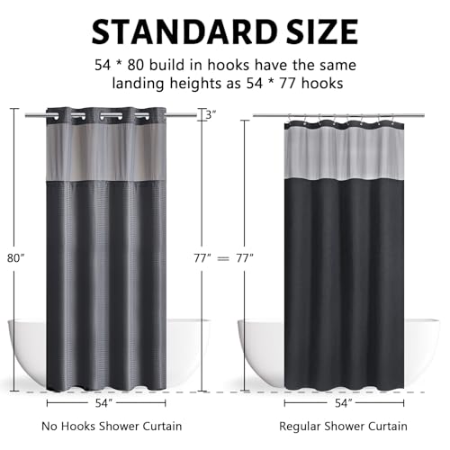 Image of Furlinic No Hook Waffle Weave Shower Curtain with Snap in Fabric Liner Set,Heavy Duty Textured Bathroom Curtain with See Through Window,Waterproof & Machine Washable,Dark Grey,54x80 Inch