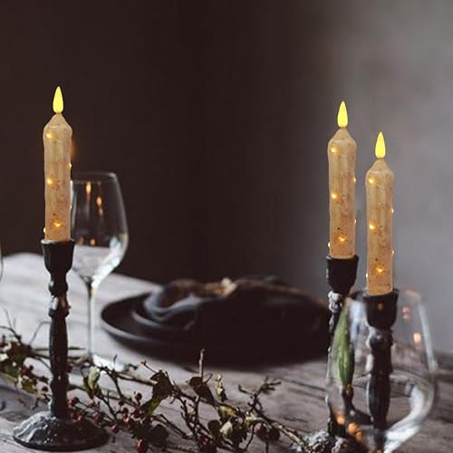 Image of 6.5 Inches Primitive Real Wax LED Flameless Khaki Short Candlesticks Hand Dipped Battery Operated Taper Candles with Timer Remote Candles for Vintage Rustic Home Decor, Pack of 4(Khaki)