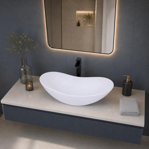 Image of QUALITO Boat Shape Table Top Wash Basin for Bathroom, Living Room, Hall, Dinning Room | Countertop /Over Counter Ceramic Vessel Sink /Basin | Marble Ceramic Wash Basin (White, 24x14x5.5 Inch)