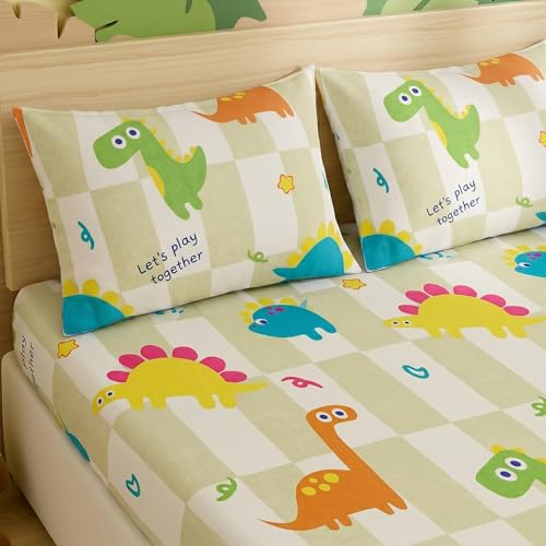 Image of Filymore Kids Double Bedsheet with 2 Pillow Covers - Cartoon Dinosaur Theme, 240 TC Soft Microfiber Bed Sheet for Double Bed (90x90 Inches), Breathable & Skin-Friendly Kids Bedding Set, Green & White
