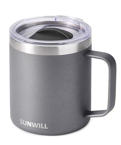 Image of SUNWILL Coffee Mug with Handle, 14oz Insulated Stainless Steel Coffee Travel Mug, Double Wall Vacuum Reusable Coffee Cup with Lid, Cool Grey