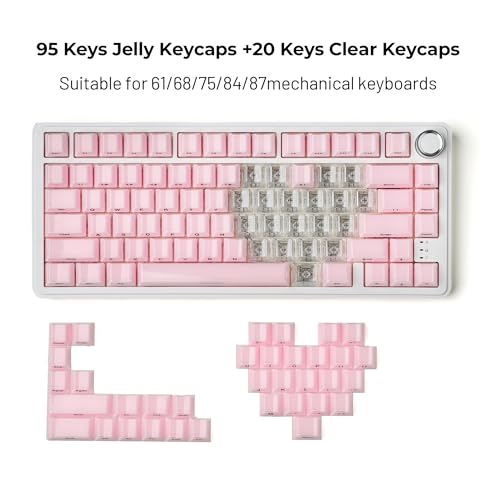 Image of HITIME XVX Crystal Jelly Keycaps 75 Percent, Cute Custom Keycaps 95 Keys with 20 Keys Clear Key caps, Cherry Profile for 61 /68 /84 /87 Cherry Gateron MX Mechanical, Side Printed, Pink