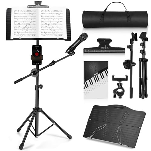 Music Stand, Vangoa Folding Sheet Music Stand with Detachable Microphone Stand & Phone Holder, Portable Lightweight with Music Sheet Clip Holder & Carrying Bag for Instrumental Performance