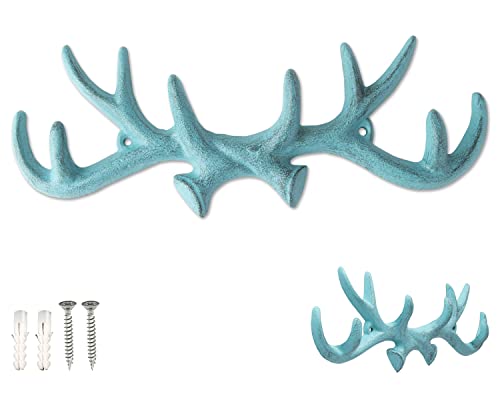 Image of Comfify Vintage Cast Iron Deer Antlers Wall Hooks Antique Finish Metal Clothes Hanger Rack w/Hooks | includes Screws and Anchors | in Blue