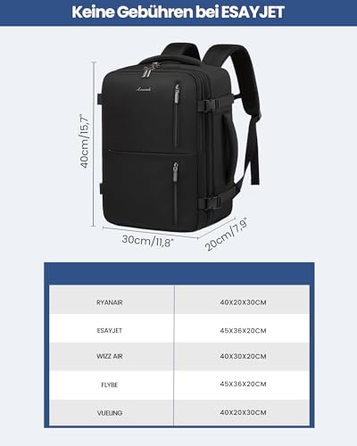 LOVEVOOK Handgepäck Rucksack 40x30x20, Reiserucksack Flugzeug Damen Herren, Carry On Luggage Travel Backpack 24l für 14 Zoll Laptop, Cabin Kofferrucksack mit USB für Arbeit Business Reisen, Schwarz