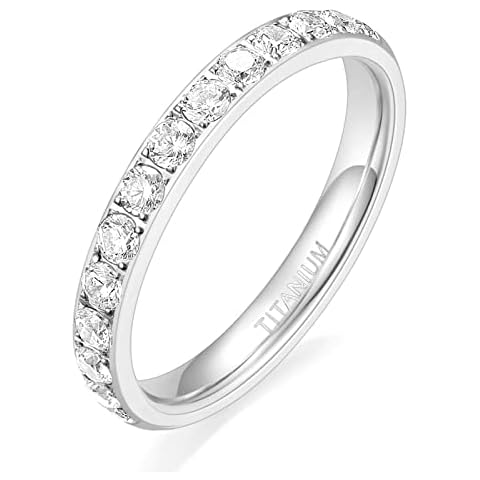 TIGRADE 3mm Women Titanium Engagement Ring Half Cubic Zirconia Eternity Wedding Band Size 3-13, Silver, Size 5 Cover