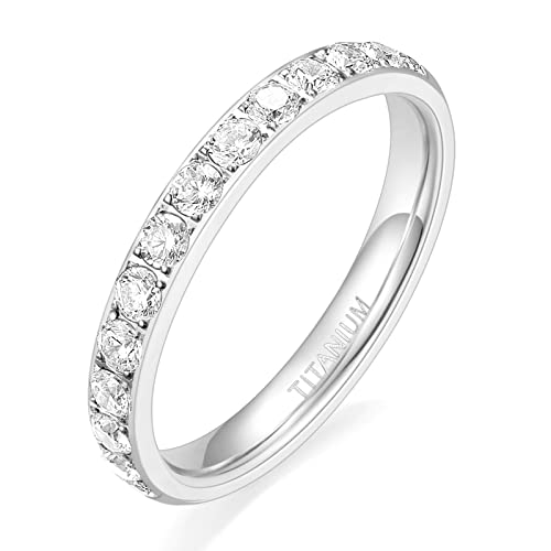TIGRADE 3mm Women Titanium Engagement Ring Half Cubic Zirconia Eternity Wedding Band Size 3-13