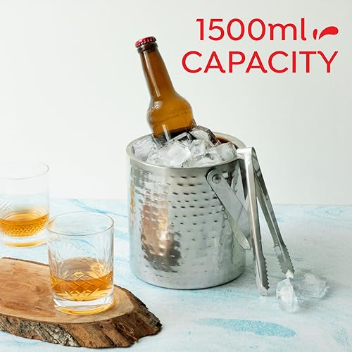 Image of Sipologie Stainless Steel Double Wall Ice Bucket with Tong [1500 ml] - Full Hammered Finish, Insulated with Lid & Handle for Home Bar & Parties